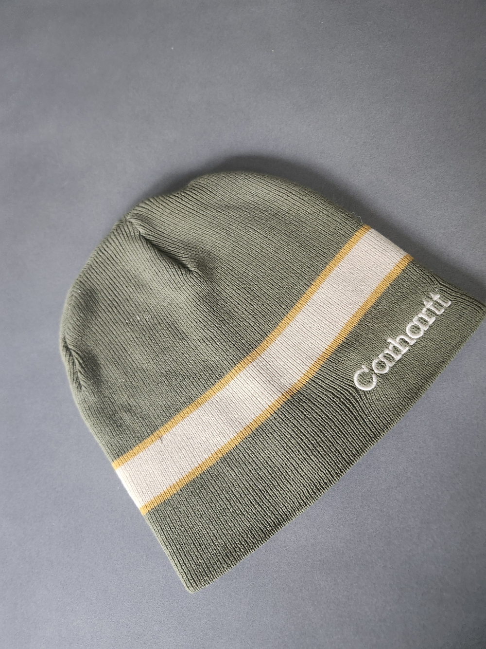 Vintage Carhartt Striped Knit Beanie Hat |  Logo Olive Green Cream | Good